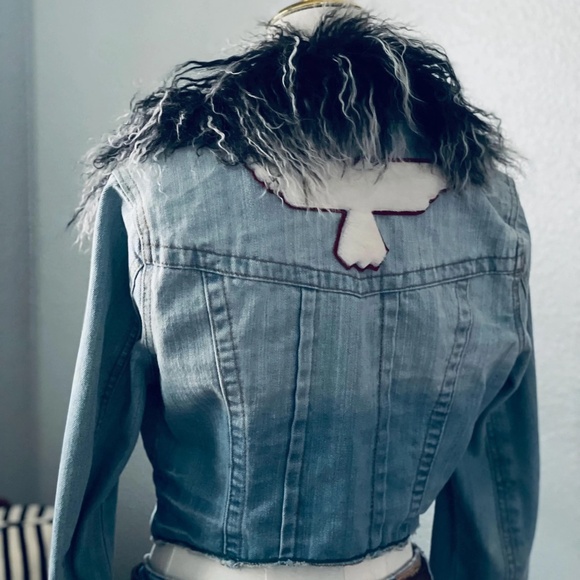 Chic Upcycled Denim Jacket with Mongolian Lamb Fur Collar and Cuffs with Cowhide - Picture 11 of 14
